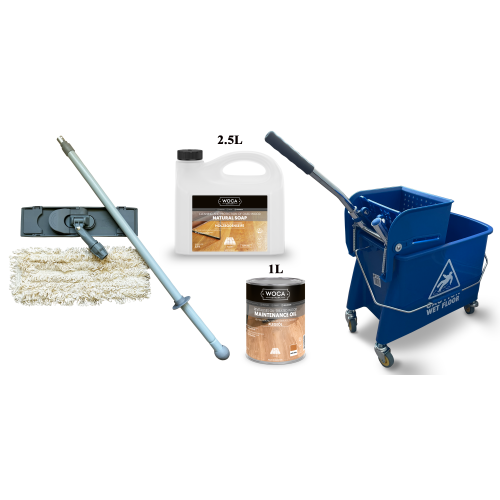 Kit Saving: DC122, Premium clean oiled floors inc Woca natural versions of Soap & Maintenance Oil plus Breakframe flat Mop & Bucket and wringer   (DC)